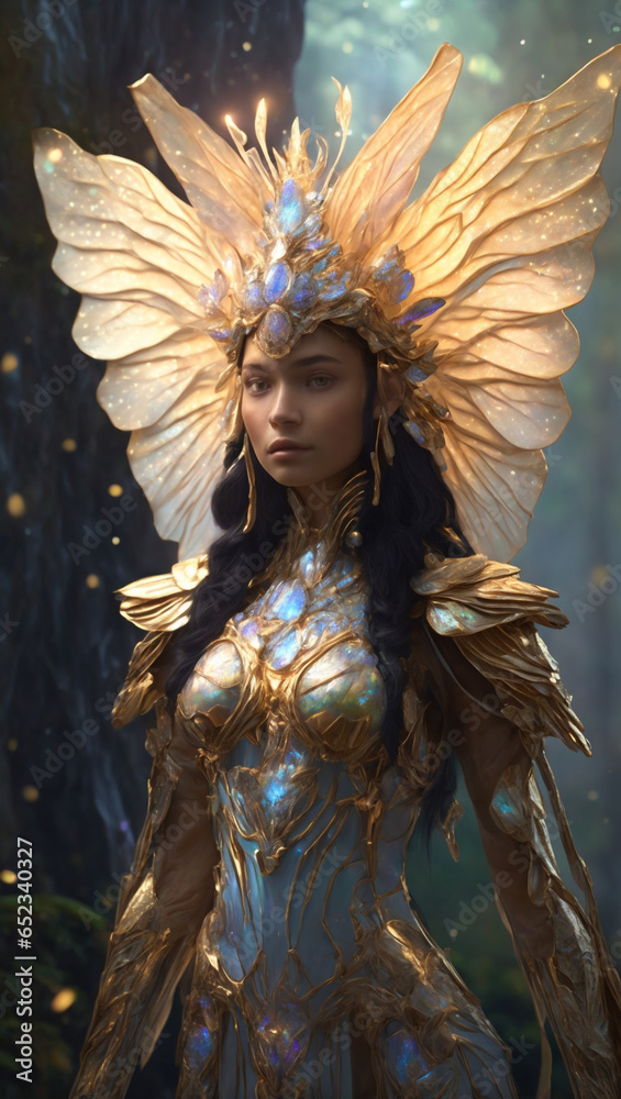 Fototapeta premium Illustration of a beautiful woman with transparent gold wings 4