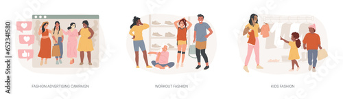 Fashion advertising campaign isolated concept vector illustration set. Plus size models, workout and kids fashion, body positive, sportswear brand, baby style, model agency vector concept.