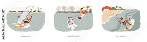 Extreme water fun isolated concept vector illustration set. Windsurfing and wakeboarding, kitesurfing flying adventure, wind speed, ocean wave, beach holiday, boat cable, freestyle vector concept.