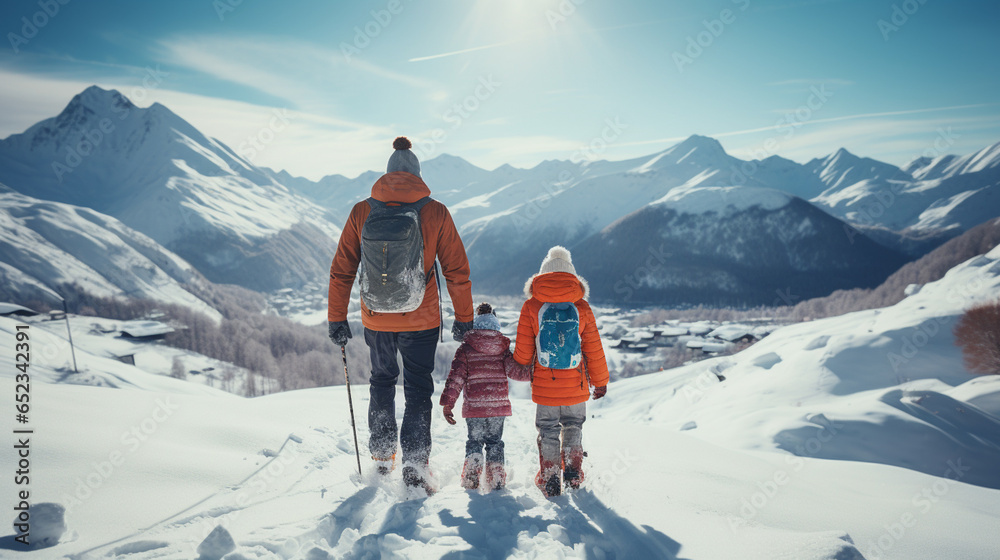 Family enjoying winter time at a ski resort - obrazy, fototapety, plakaty 