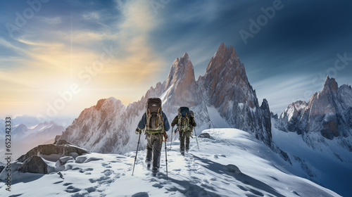 Young man with backpack trekking through mountains. Tourist stand on the winter background of the landscape and blue sky.