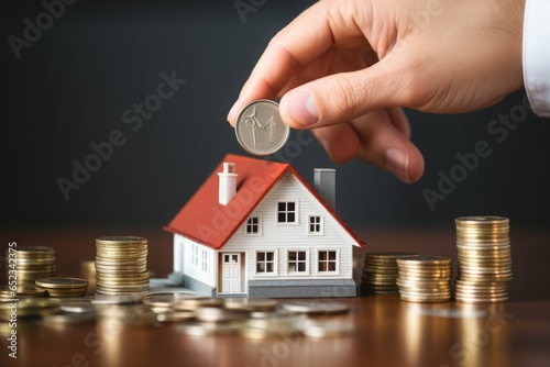 Real Estate Agent. Person's Hand Inserting Coin In The House Model.  Save Money for Buy a new House