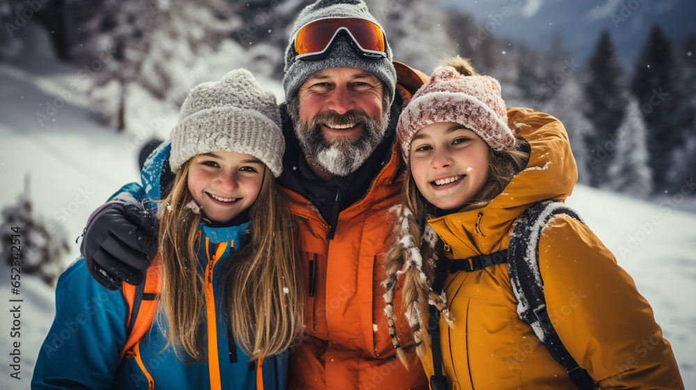 Portrait of a sporting family in equipment at a ski resort Portrait of a sporting family in equipment at a ski resort