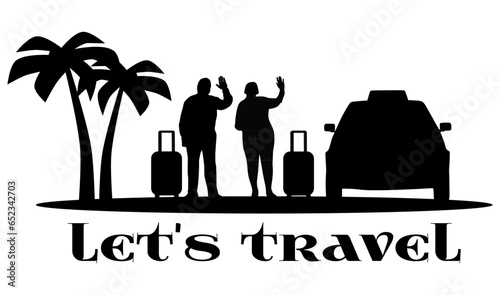 Traveler full body silhouette. Elderly couple, seniors with suitcase, tourists, palm trees, taxi car transport. Black vector illustrations isolated on white background.
