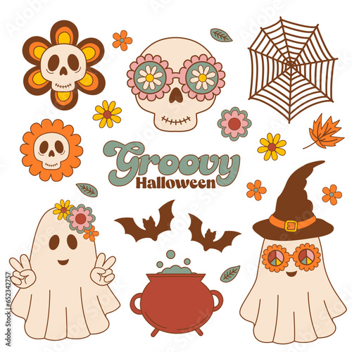 set of isolated groovy retro Halloween characters