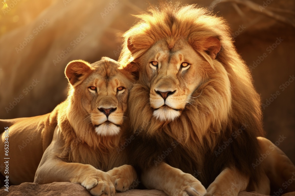 Lions In Love - Romantic Moment of Wild African Lion Couple on Safari - obrazy, fototapety, plakaty 