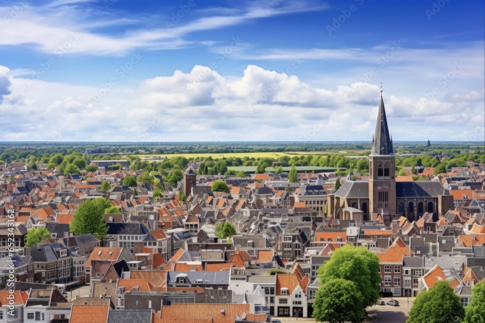 Panoramic View of Delft: A Stunning Aerial Panorama of the Red-Tiled Rooftops in the Downtown Streets of Holland