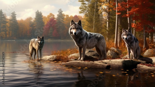 Leader of the Pack  Gray Wolves Hunting in Autumn Colored Forest near Duck Pond