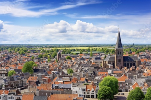 Panoramic View of Delft: A Stunning Aerial Panorama of the Red-Tiled Rooftops in the Downtown Streets of Holland