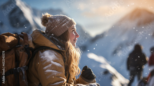 Woman traveler in snow Winter landscape
