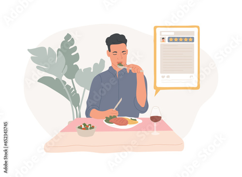 Food critic isolated concept vector illustration. Analyze food, restaurant chef, write review, rating, expert opinion, culinary show, undercover guest, travel guide vector concept.