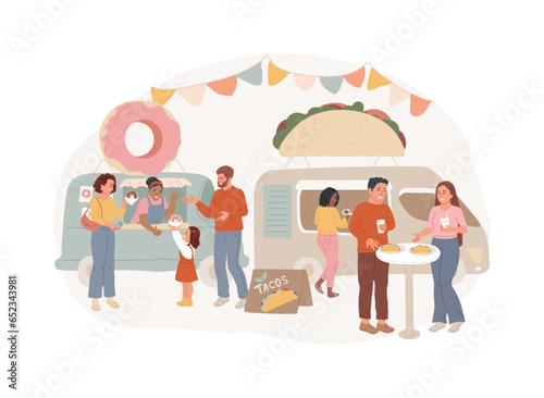 Street food festival isolated concept vector illustration. Food truck service, local food event, outdoor activity, chef prepare meals, international menu, art and music vector concept.