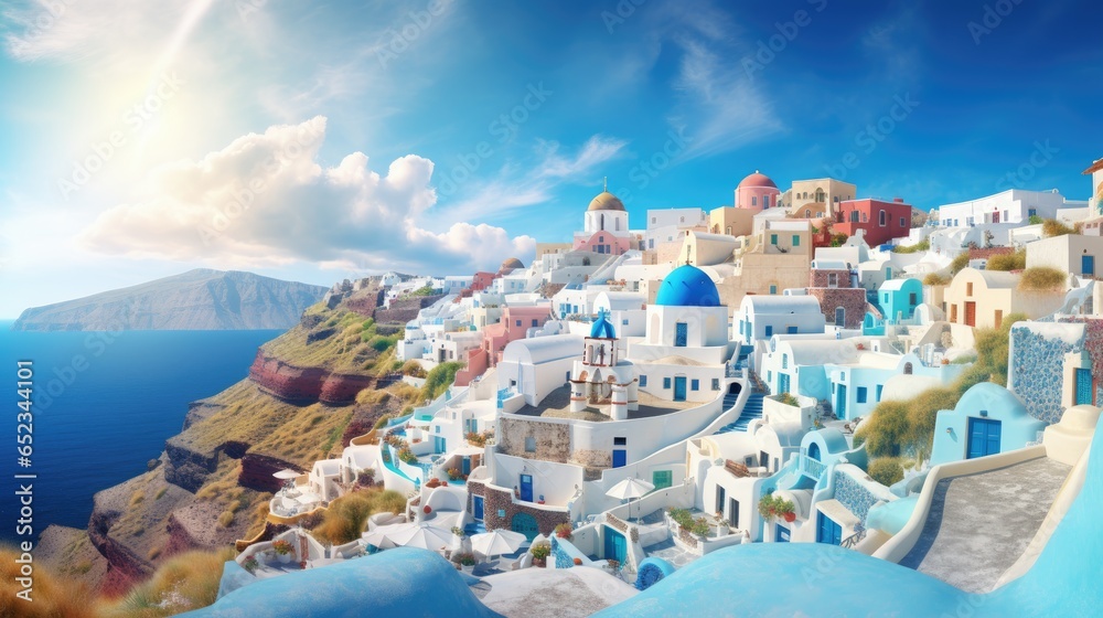 Fototapeta premium Beautiful Santorini Greece Panoramic Background, Travel Holliday Summer Wallpaper, Render, Illustration