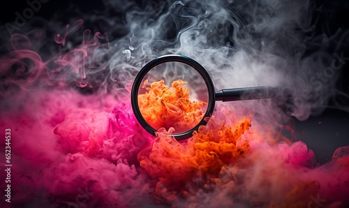 magnifying glass photography filled with smoke and neon splashes photo