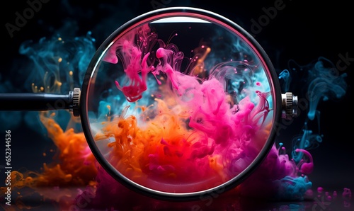 magnifying glass photography filled with smoke and neon splashes photo