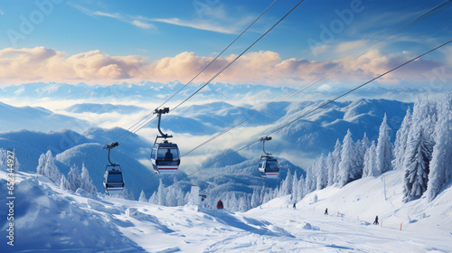People are lifting on ski-lift in the mountains photo
