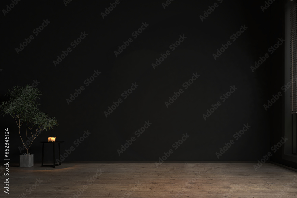 The black wall background. Minimalist style home interior design of modern living room. 3d rendering. The black wall background. Minimalist style home interior design of modern living room. 3d rendering.