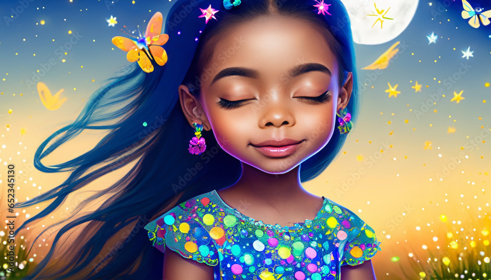 Little girl with her eyes closed in fairyland