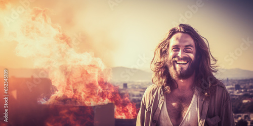 Provocative image of jubilant hippie man embodying freedom amidst a cold, desaturated backdrop of a burning city. Perfect portrayal of conflict and liberation. photo