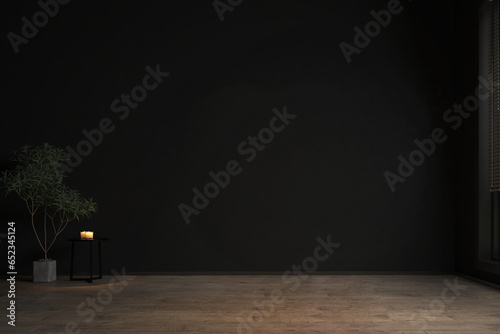 The black  wall background. Minimalist style home interior design of modern living room. 3d rendering.
