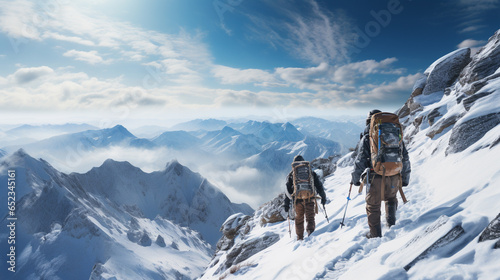 Hiker walks in snow mountains winter.