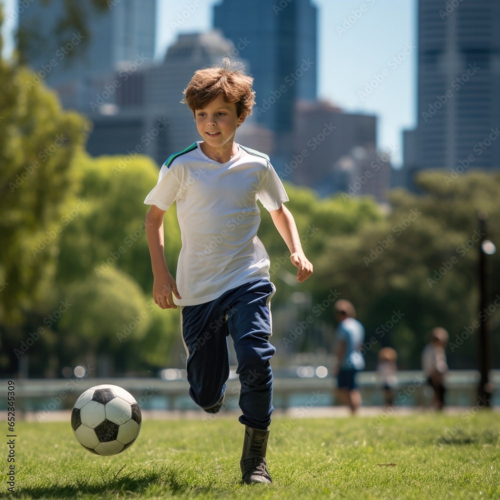 kid playing soccer at a park kid playing soccer at a park