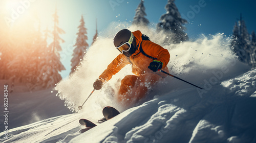 Skier skiing downhill during sunny day in high mountains