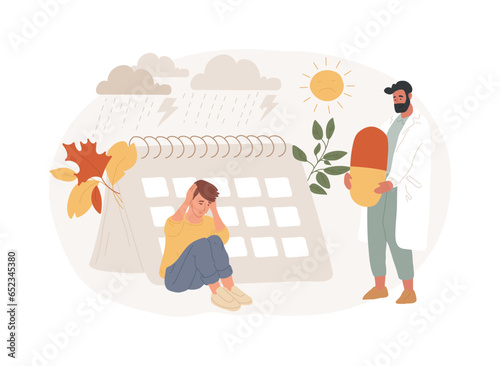 Seasonal affective disorder treatment isolated concept vector illustration. Seasonal depression treatment, affective disorder, mood swings, symptoms and treatment, mental health vector concept.