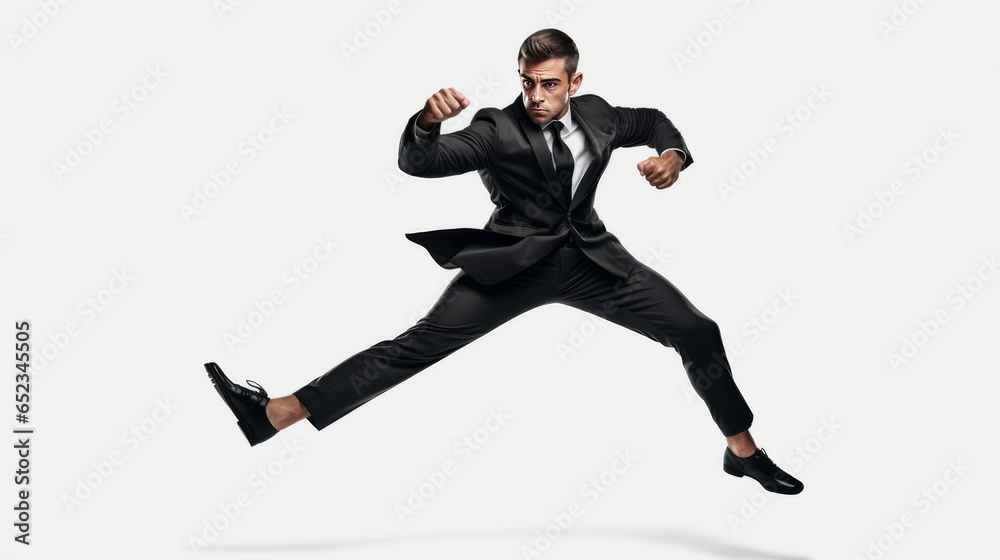 Obraz premium Businessman fighting and kicking while jumping