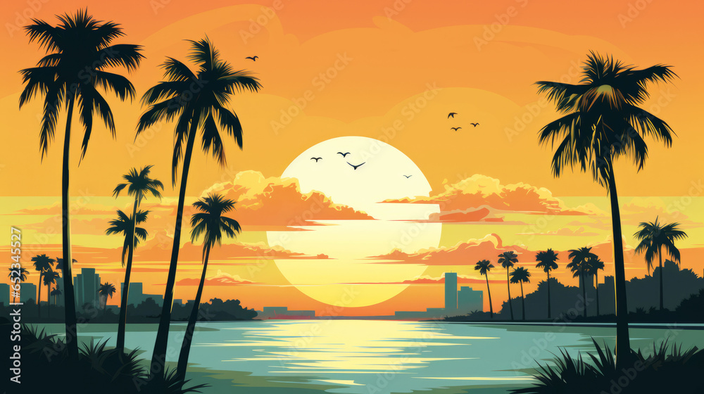 Sunset of big sun over ocean beach and palm trees as illustration