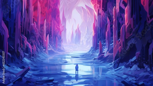 cartoon ice cave with stalagmites and a person in the middle