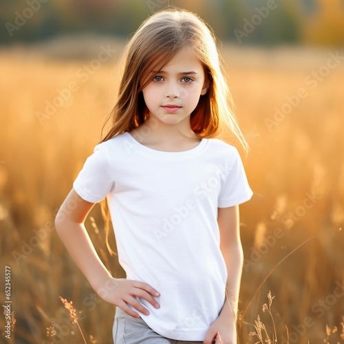 pretty little girl with brown hair wearing a white t-shirt in field