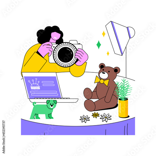 Promote handcrafts isolated cartoon vector illustrations. Woman takes picture of a craft toy for posting online, handmade teddy bear, small business, self-employed specialist vector cartoon.