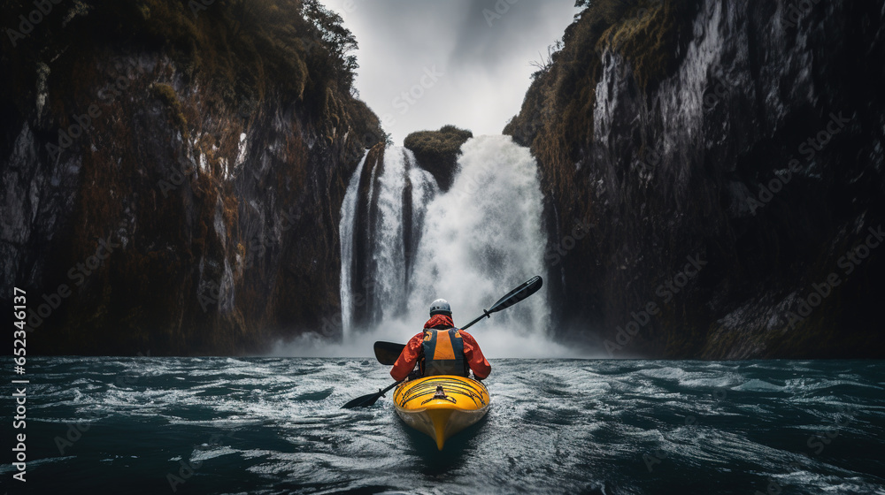 Generative AI, kayak raft river waterfall, extreme sport concept, whitewater kayaking