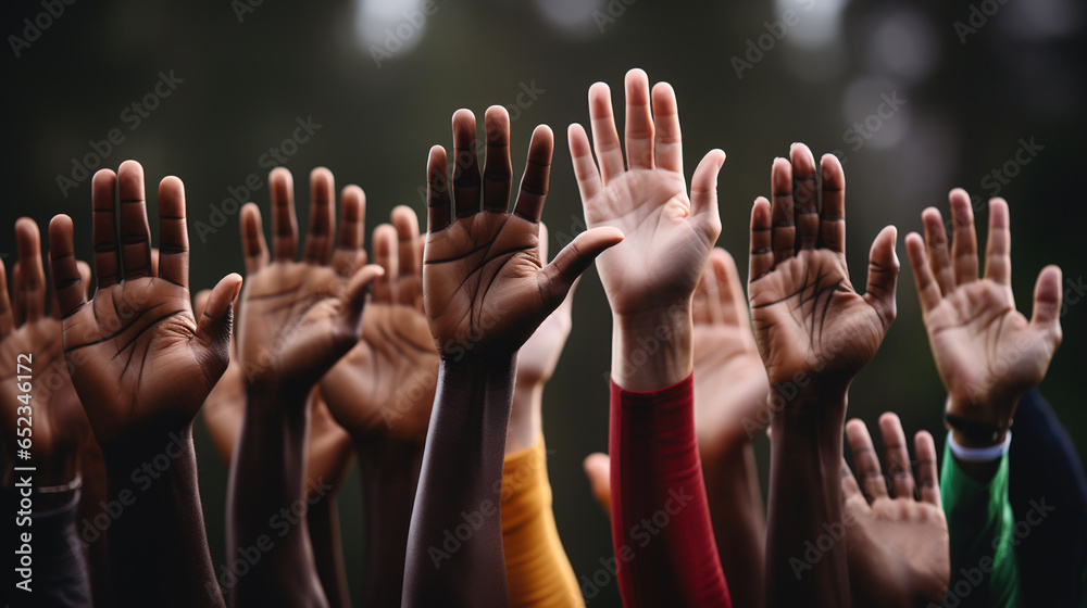 Strength in Diversity, Raised Diverse Hands Come Together for Voting and Equality, Generative AI