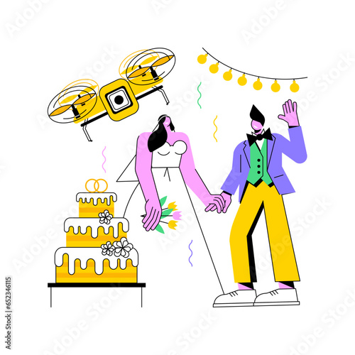 Drone filming isolated cartoon vector illustrations. Video maker filming wedding with drone, small business, creative profession, self-employed man, freelance job, aero shooting vector cartoon.