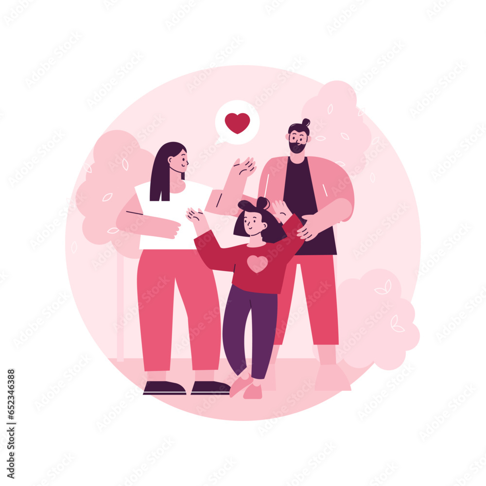 Foster parent abstract concept vector illustration. Foster care, father in adoption, happy interracial family, having fun, together at home, childless couple, adopted child abstract metaphor.