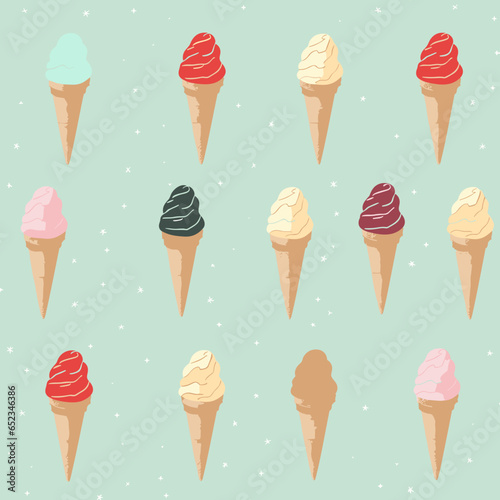Ice cream cones pattern, background, hand-drawn cartoon flat art Illustrations in minimalist vector style