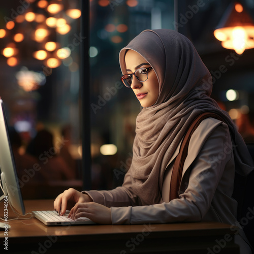 Happy Woman Typing on Modern Laptop at Night