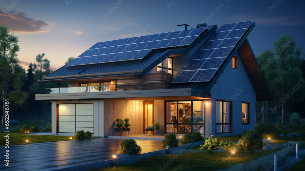Solar panels installed and in use on roof of home - obrazy, fototapety, plakaty 