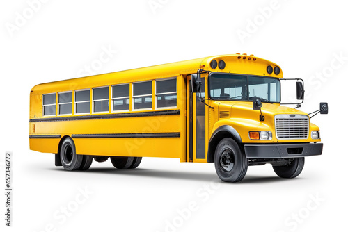 Yellow School bus isolated white backdrop. School transport.