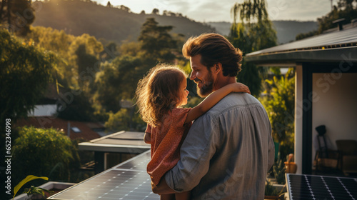 dad holding her little girl in arms and showing at their house with installed solar panels. Alternative energy, saving resources and sustainable lifestyle concept.