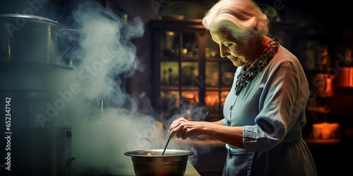 Charming elderly lady preparing traditional Halloween punch, clothed in an apron, amidst a kitchen setting featuring de-contrasted and cold hues.
