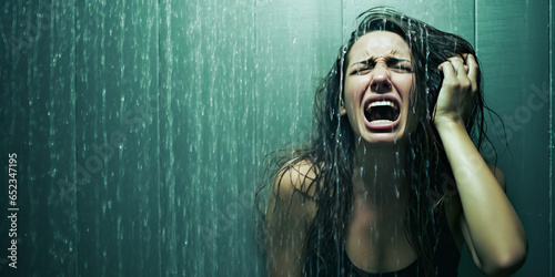 Engaging depiction of a heartbroken woman, fully clothed and crying in the shower. Amplified sadness through cold water imagery, encapsulates grief and despair. photo