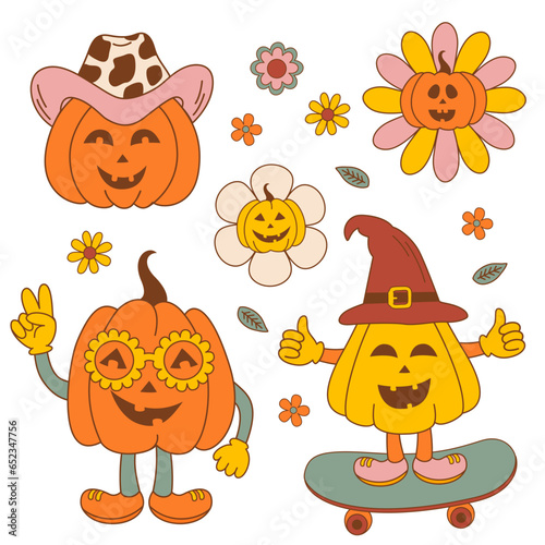 set of isolated groovy retro Halloween pumpkins