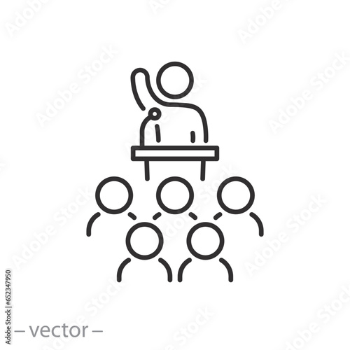 campaign speech icon, public speaker speech, candidate or agitator, thin line symbol - editable stroke vector illustration
