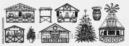 Christmas market design elements. Hand drawn vector illustration. Traditional winter holiday marketplace. Wooden stall kiosk, Christmas tree, candy shop, bakery, fast food, mulled wine sketches