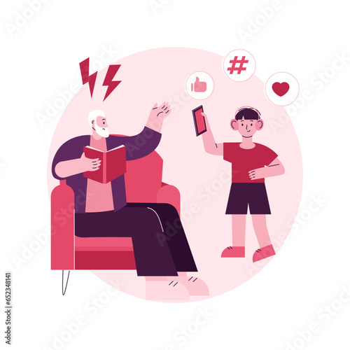 Conflict of generations abstract concept vector illustration. Generational conflict, ok boomer, intergenerational solidarity, communication adults and kids, son father, grow up abstract metaphor.