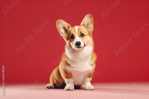 Corgi sitting on colored background with copy space. Full body studio shot of a cute Corgi dog sitting on a floor against red background. Pet love banner. Cute dogs banner