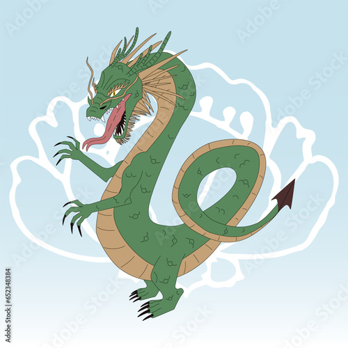 Cartoon dragon with open mouth on lotus flower silhouette background